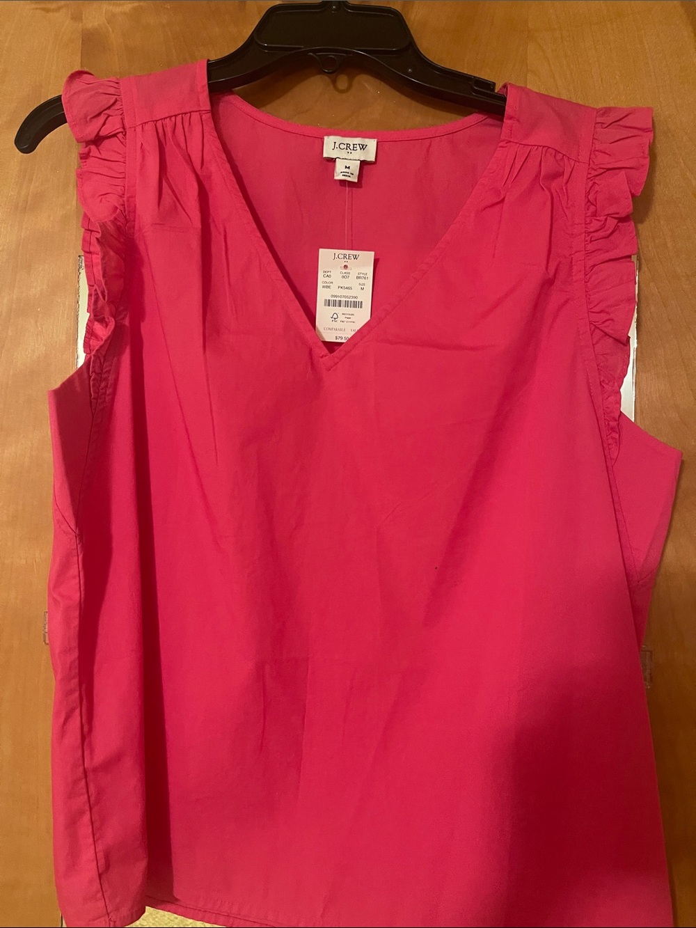J. Crew Bright Pink Ruffle Sleeve V-Neck Cotton Shirt Size M NWT